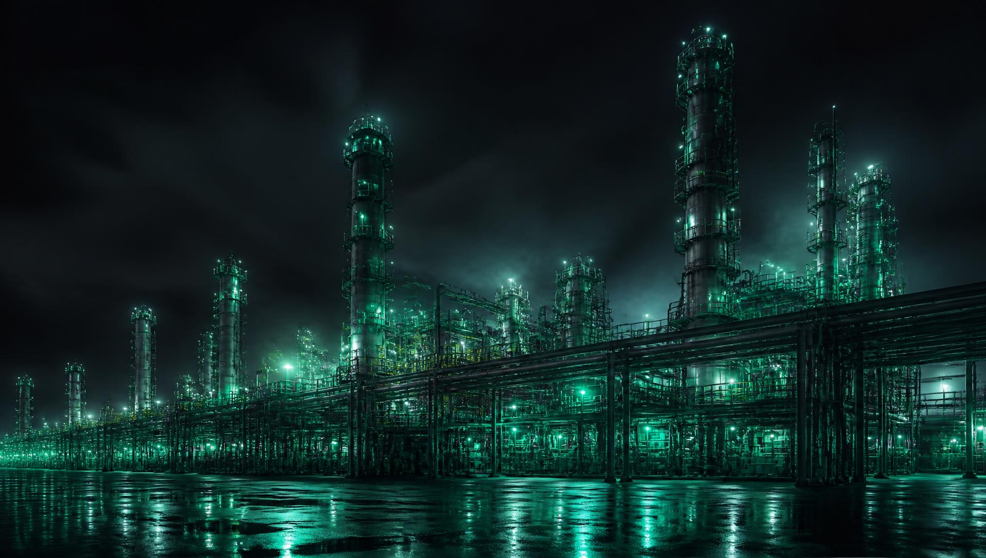 Industrial fuel processing plant at night
