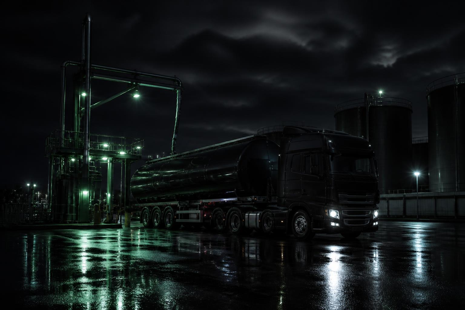 Bulk fuel tanker loading at an industrial depot at night